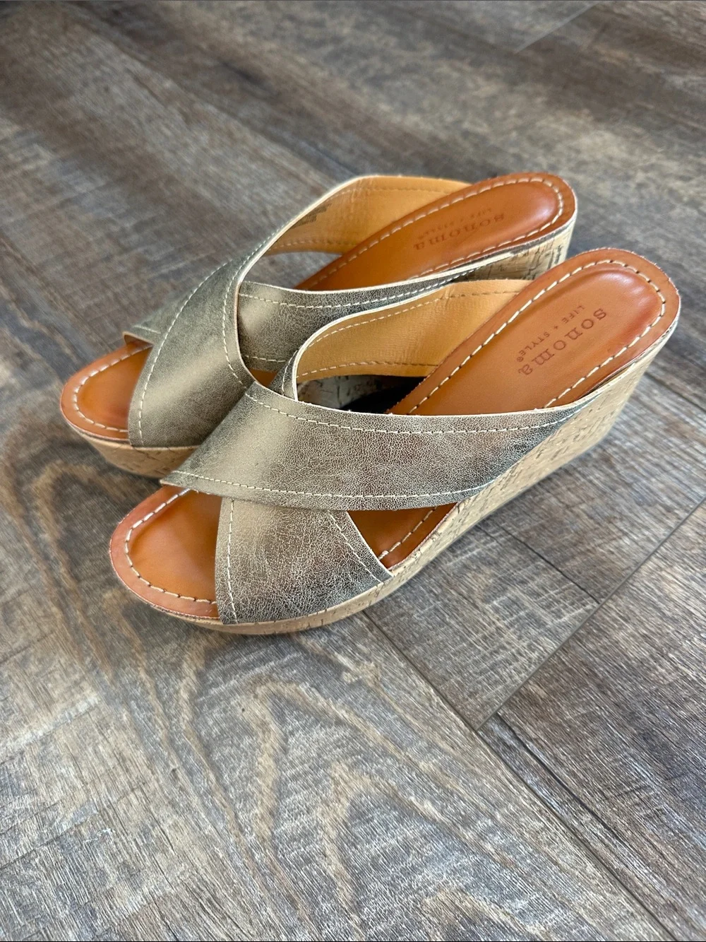 Sonoma Metallic Bronze Crisscross Cork Wedge Sandals